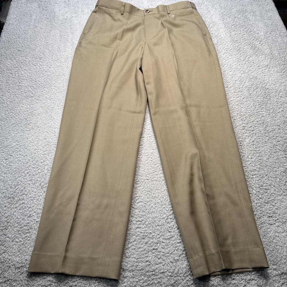 L.L.Bean 100% Wool Dress Pants Mens 36x32 Tan Comfort Waist Chino Flat Front